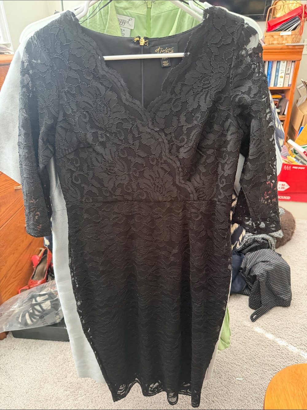 Tahari Black Lace Midi Dress with V-Neck and Three-Quarter Sleeves